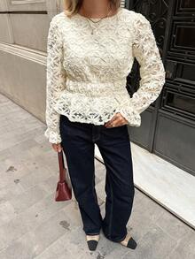 SHEIN Frenchy Women's Elegant French-Style Fitted Waist Solid Color 3D Floral Long-Sleeved Blouse, Spring Women's Clothing, Summer Women's Clothing, Beachwear, Outdoor Top, Women's Elegant Blouse, Women's Vacation Wear, Women's White Top,Valentine Clothes ,Summer Holiday Outfits Resort - Apricot - View 11