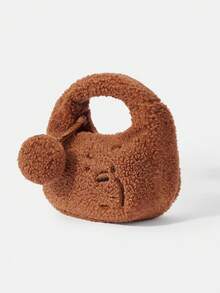 We Bare Bears X SHEIN Fashionable Cute Bear Embroidered Teddy Plush Top Handle Bag - Brown - View 8