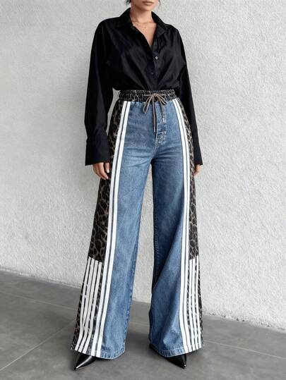 Pantalón Vaquero Ancho con Empalme de Estampado Leopardo - Estilo Bold y Trendy