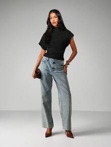 MISSGUIDED Women's Short Sleeve Mock Neck Fitted Top With Dolman Sleeves And Cinched Waist For Spring Summer Everyday Casual Wear - Black - View 3