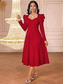 SHEIN Lady 女士纯色心形领羊腿袖优雅中长连衣裙 - 紅色 - 查看 7