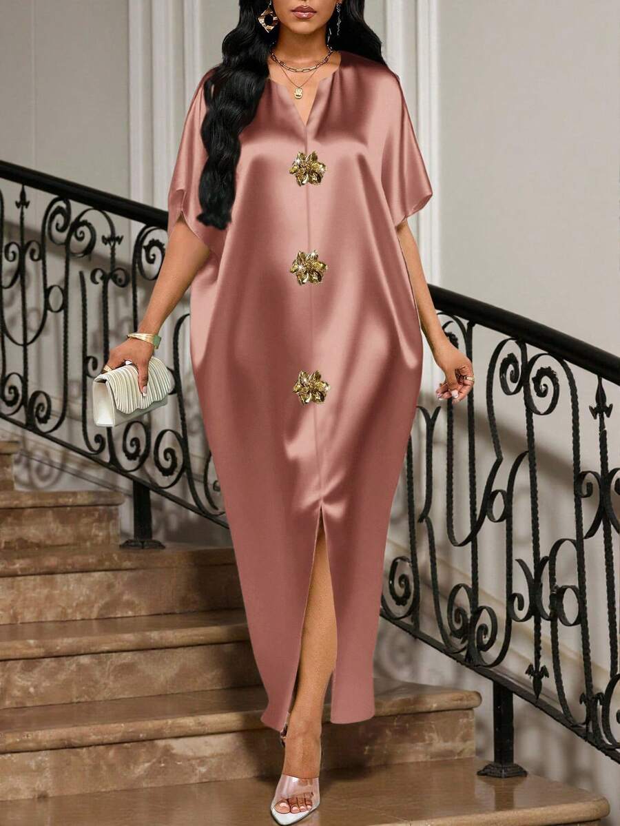 SHEIN Lady 四季皆宜的节日礼服/婚礼宾客/礼服/舞会礼服/金色/晚宴礼服/金色女士缎面提花前开衩连衣裙，休闲派对优雅 - 藕粉色 - 查看 1