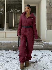 SHEIN EZwear Vinröd jumpsuit med långa ärmar och dragkedja för kvinnor, casual, juloutfit för kvinnor, vinter - Bourgogne - Visa 6