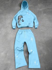 PAVTROS Bộ 2 áo hoodie và quần nỉ in chữ và hình mặt cho nam, thích hợp mặc trong nhà và ngoài trời, trang phục mùa thu - Màu xanh nhạt - Xem 1