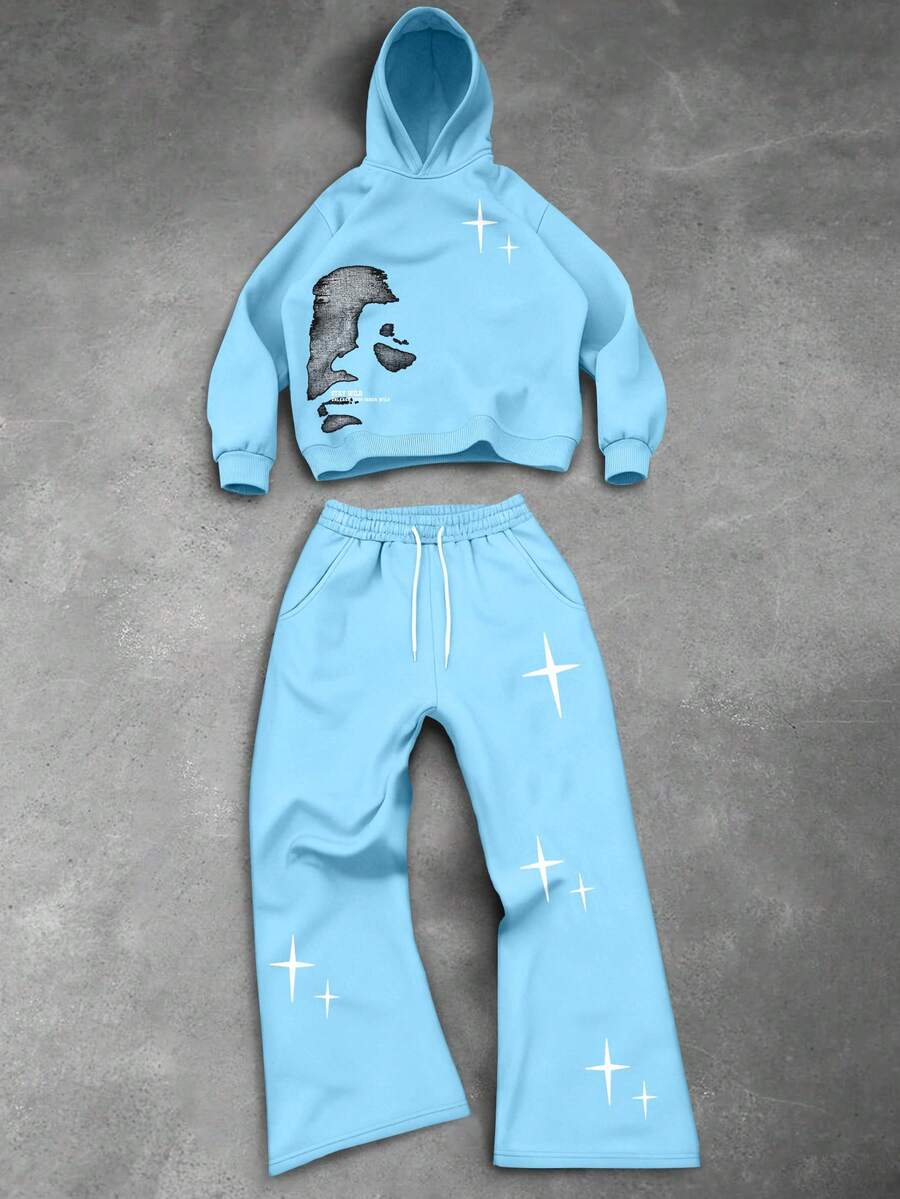 PAVTROS Bộ 2 áo hoodie và quần nỉ in chữ và hình mặt cho nam, thích hợp mặc trong nhà và ngoài trời, trang phục mùa thu - Màu xanh nhạt - Xem 1