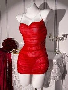 SHEIN Bộ 2 váy bodycon lưới sâu chữ V đính hạt xòe nhún gợi cảm - Đỏ - Xem 2