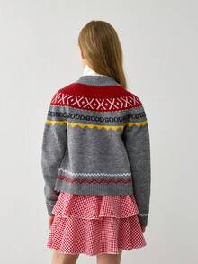 少女圣诞雪人提花针织开衫，秋冬款 - 淺灰色 - 查看 2