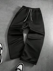 PAVTROS Men's Loose Solid Color Drawstring Black Sweatpants - Black - View 3