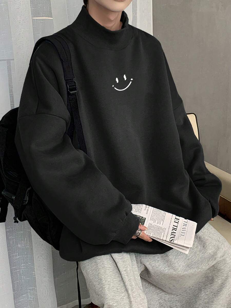 Claim Dot 宽松男士卡通印花高领卫衣，暗黑学院风，男女通用，Emo风格，超大码男士卫衣 - 黑色 - 查看 1