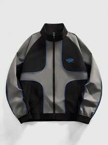 ROMWE MEN Street Life Men's Contrast Color Casual Zip-Up Long Sleeve Jacket - Black - View 1