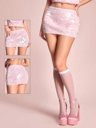 ROMWE Avant Sequin Embellished Bodycon Mini Skirt For Women, Party & Romantic