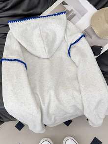 Resyla Contrast Color Trim Embroidered Hooded Casual Pullover Sweatshirt - Grey - View 3