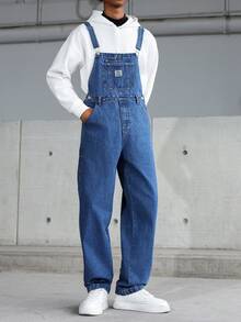 Manfinity Hypemode 男士休闲多口袋胸部护具牛仔背带裤，街头风 - 中等水洗藍 - 查看 6