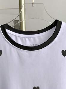 Resyla 女士撞色爱心刺绣短袖休闲圆领T恤 - 白色 - 查看 3