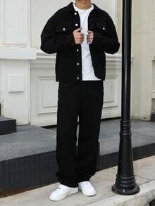 Manfinity EMRG Men's Dark Blue Denim 2 Pieces Set, Casual Jacket And Loose Fit Pants, Spring/Autumn