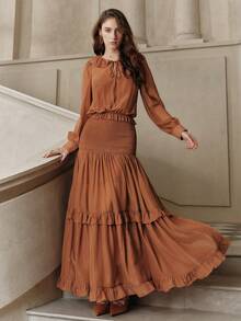 SHEIN Unity Women's Elegant Ruffled Maxi Dress, Brown Tiered Party & Vacation Outfit - Rust Brown - View 5