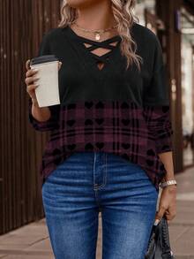 EMERY ROSE 大码女式心形图案宽松落肩休闲卫衣 - 彩色 - 查看 4