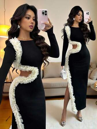 Rafferiza Women's Round-Neck Slit Tight Cinched-Waist Dress, Irregular Design With Hollowed-Out Waist, Three-Dimensional Flower Design, Black And White Patchwork Dress, Autumn And Winter Clothing, Fashionable, Sexy And Elegant Dress, Outdoor Wear,Fashionable And Elegant, It Is Suitable For Daily Wear, Weddings, Banquets, Daily Commutes, Graduation Parties, Festival Events, Vacations, Dates, Parties, Halloween, Christmas, New Year And Thanksgiving Long Sleeve Elegant Dress Long Bodycon Dress Slit Dress Black And White Dress Women Curve Elegant Dress Women's Dress