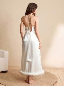 Élégante robe de nuit en faux soie de couleur unie avec franges, style romantique et élégant pour femmes
