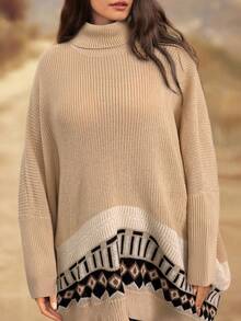 Freevana Plus Size Women Geometric Jacquard Batwing Sleeve Loose Turtleneck Sweater, Autumn/Winter - Multicolor - View 6