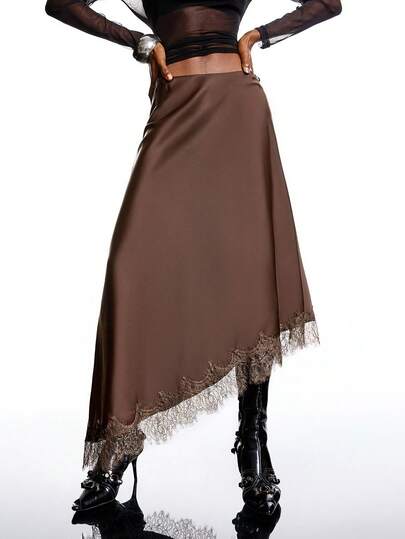 LYSMO 2025 New Arrive Minimalism Winter Women's Brown Solid Color Asymmetric Hem Contrast Lace Elegant Skirt Satin Fabric With Lace Brown Skirt For Going Outs Elegant For Ladies Elegant For Party Christmas Party For New Year Summer For Women Party