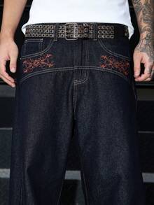 Manfinity EMRG Street Life Men's  Embroidered Saber Loose Wide-Leg Raw Denim Jeans - Dark Wash - View 7