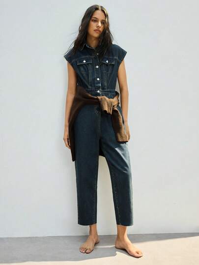 Maija Women's Button Half Placket Capped Sleeve Casual Denim Jumpsuit, Urban Commute Business Casual Outfit, Elegant Summer Attire For Valentine's Day, Party, Holiday