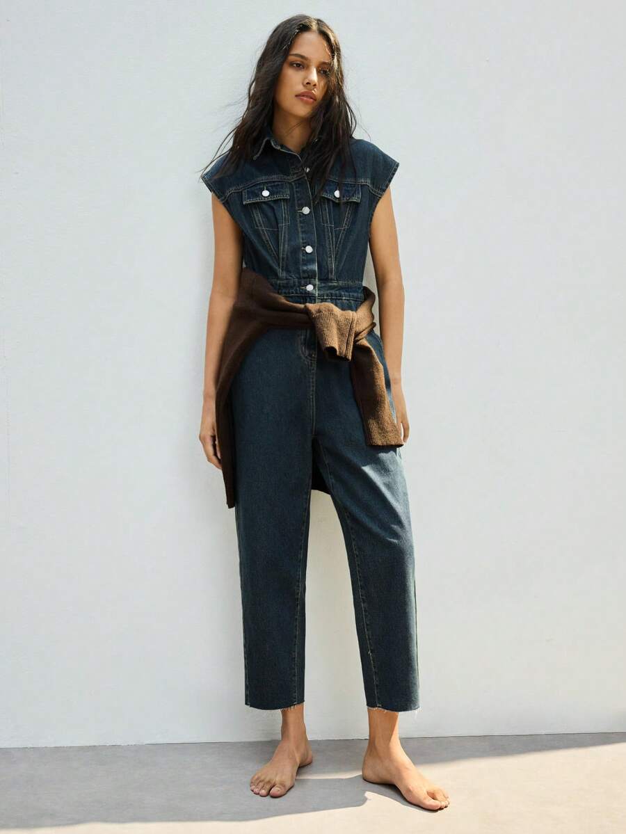 Maija Bộ jumpsuit denim nữ tay ngắn cài cúc nửa thân, kiểu dáng thường ngày, trang phục công sở thanh lịch, thích hợp cho ngày lễ tình nhân, tiệc tùng hoặc các dịp lễ hội. - Rửa tối - Xem 1