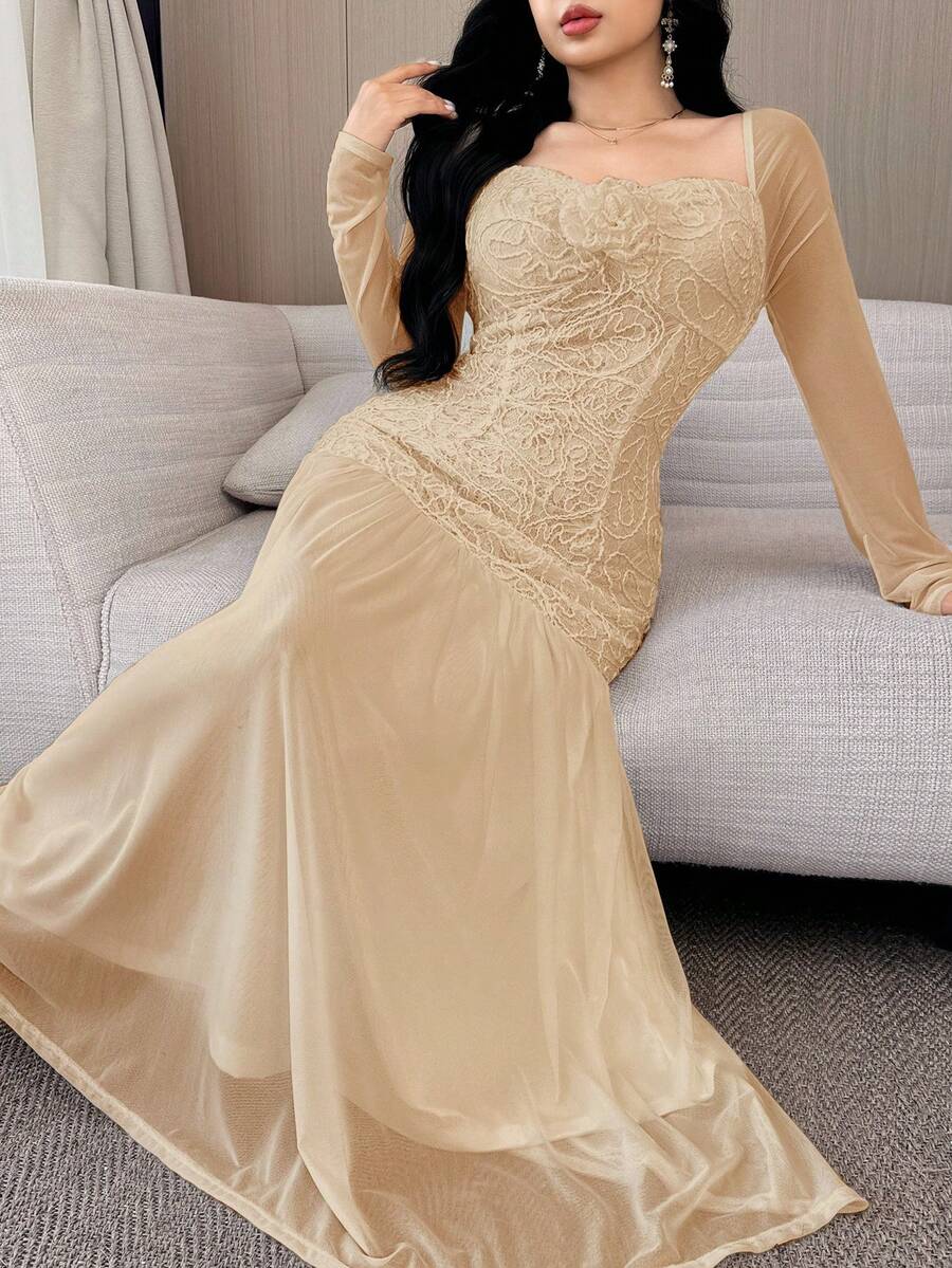 Modelyn Women Solid Color Textured Long Sleeve Midi Dress - Khaki - View 1