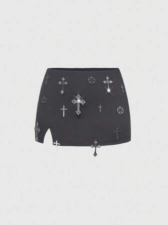 ROMWE Avant Damen Retro Vintage Sexy Subkultur Kreuz Dekor Hoher Schlitz Bodycon Mini Rock