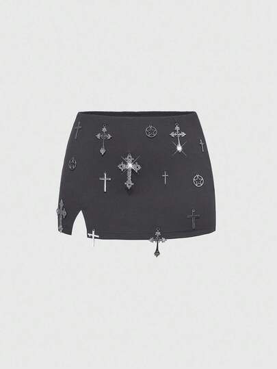 ROMWE Avant Jupe moulante mini à fente haute, style rétro sexy Vantage, inspirée des sous-cultures.