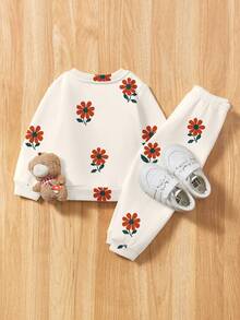 Conjunto de roupa infantil para menina, modelo suéter de malha macia com gola redonda e modelagem solta, ideal para outono/inverno, com estampa floral clássica e delicada. - Multicolorido - Ver 3