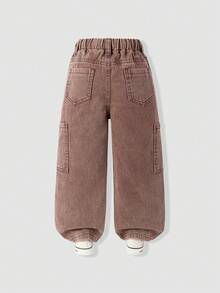 SHEIN Jeans dritti comodi e larghi per ragazze, con vita regolabile, fascia elastica in vita, ricamo floreale e tasche multiple - Caffè Marrone - Visualizzare 2