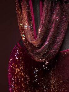 SHEIN ICON Women's Valentine's Day Burgundy Dark Red 2 Pieces Set Summer Night Out Club Rave Bling Glitter Sequin Halter Backless Top And Pleated Mini Skirt - Burgundy - View 12