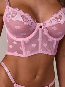 SHEIN BAE 2pcs/Set Heart Mesh Lace Underwire Bra And Thong Panty Set - Pink - View 4