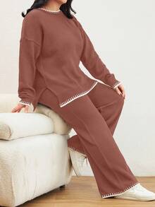 Color Block Edged Long Sleeve Sweater And Knitted Pants Two Pieces Set - Rusty Rose - View 6