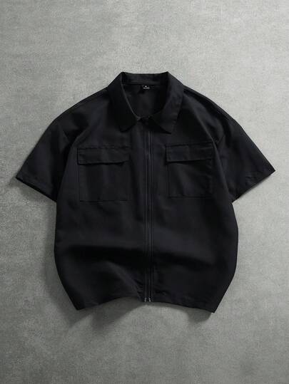 PAVTROS 男式加大码纯色拉链口袋短袖夏季衬衫夹克