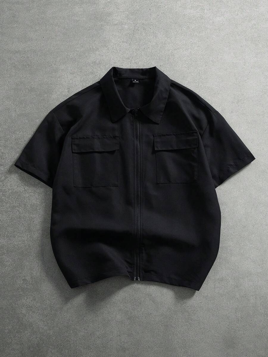 PAVTROS Men's Plus Size Solid Color Zipper Pocket Short Sleeve Summer Shirt Jacket - Black - View 1