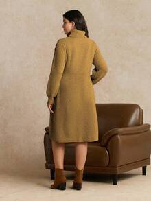 SHEIN LUNE Vestido de punto midi con cuello alto, mangas farol y bordado floral, elegante y estilizador, para otoño/invierno, talla grande - Amarillo - Ver 2