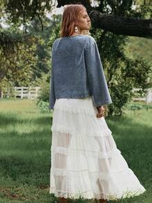 Freevana Áo sơ mi nữ tay dài cổ chữ V màu trơn, thắt nơ phía trước, kiểu dáng rộng rãi, phong cách boho, áo denim nữ, áo kiểu boho cho nữ, áo kiểu miền Tây. - Màu xanh lam - Xem 5