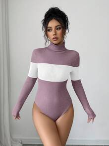 Elenzga Women's Turtleneck Patchwork Long Sleeve Bodysuit, Fitted, Contrast Color, Autumn/Winter Sexy Bodysuit One Piece Bodysuit Women Bodysuits Sexy Women Clothes - Pink - View 5
