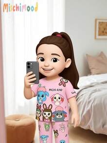 Young Girls Cute Cartoon Rabbit Print Pajama Set, Pink Rabbit Print Top With Matching Pink Bottom Shorts, Comfortable And Casual Set Girls Pyjamas Cartoon Pajamas - Pink - View 3