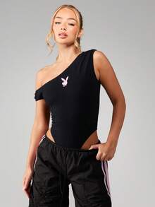 Missguided x Playboy Asymmetric Off Shoulder Bodysuit With Logo Detail One Shoulder Design Fitted Sleeveless Top For Casual Everyday Wear Spring Summer Fashion - Black - View 1