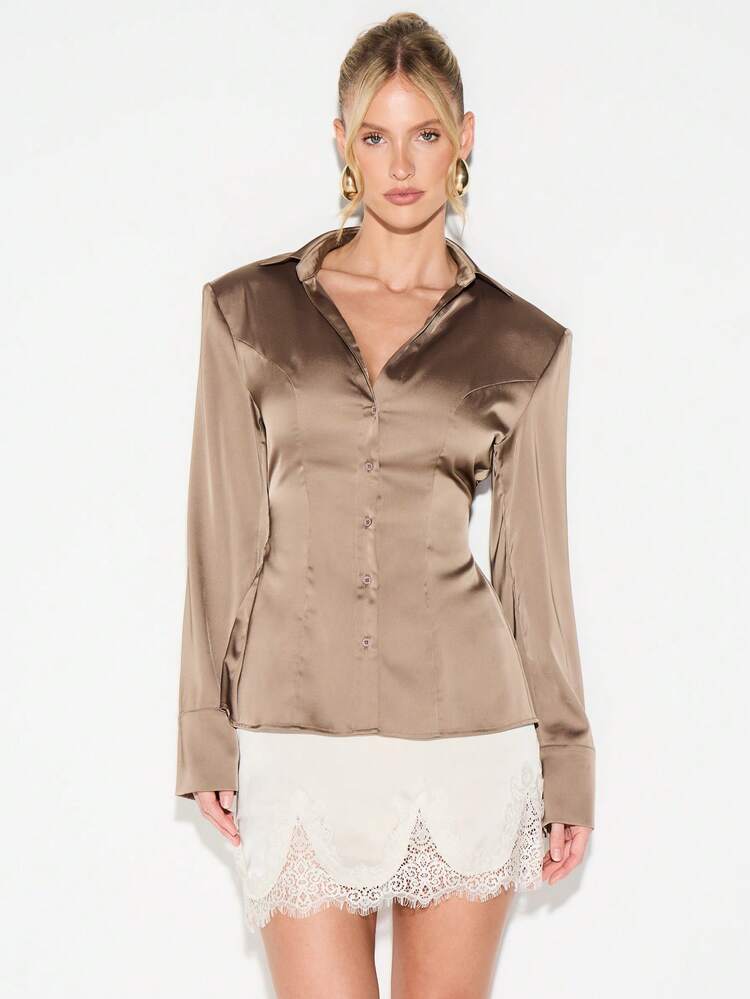 KIZN White Satin Blouse With Shoulder Pads