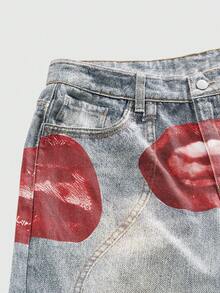 ROMWE MEN Street Life Lip Print Design Retro Personalized Men's Fashion Jeans - Multicolor - View 3