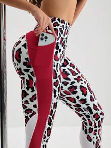Menodora SHEIN Sport Quần legging cạp cao ôm vừa vặn họa tiết da báo có túi vá màu tương phản - Đỏ - Xem 5