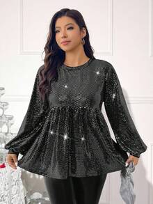 SHEIN LUNE 大码女式圆领灯笼袖荷叶边下摆亮片装饰衬衫 - 黑色 - 查看 2