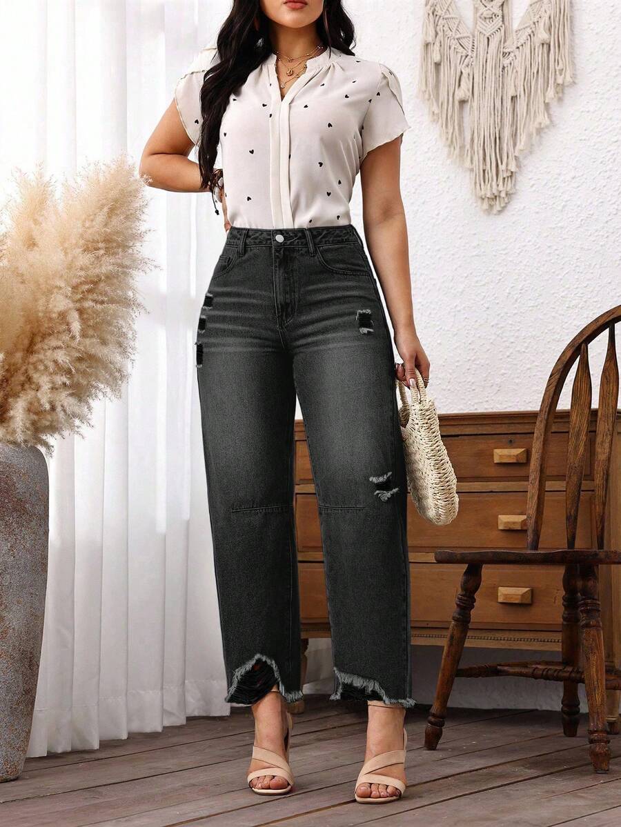 EMERY ROSE Plus Size Women Cowgirl Loose Fit Blue Denim Cropped Jeans With Distressed Holes And Frayed Hem, Rodeo - Dark Grey - View 1