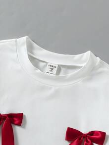 SHEIN ChillGRL Ensemble de 2 pièces pour filles de 8 à 12 ans : T-shirt à manches longues col rond blanc avec décoration 3D de cerises mignonnes, pantalon rouge moulant évasé, tenue confortable et mignonne pour la rentrée scolaire, automne - Rouge - Voir 5