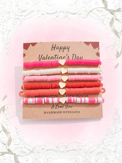 Kawaii 6pcs New Fashionable Minimalist Pink Valentine's Day Bracelets, Metal Heart Elastic Bangle, Party Gifts, Suitable For Gifts To Family, Friends, Classmates, Partners, Holiday Gifts